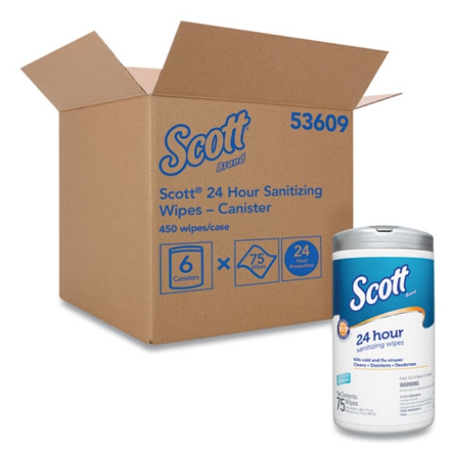 Picture of 24-Hour Sanitizing Wipes, 1-Ply, 4.5 x 8.25, Fresh, White, 75/Canister, 6 Canisters/Carton