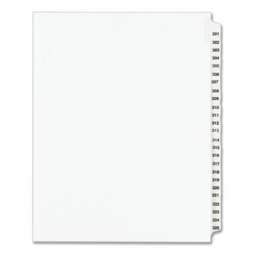 Picture of Preprinted Legal Exhibit Side Tab Index Dividers, Avery Style, 25-Tab, 301 To 325, 11 X 8.5, White, 1 Set, (1342)