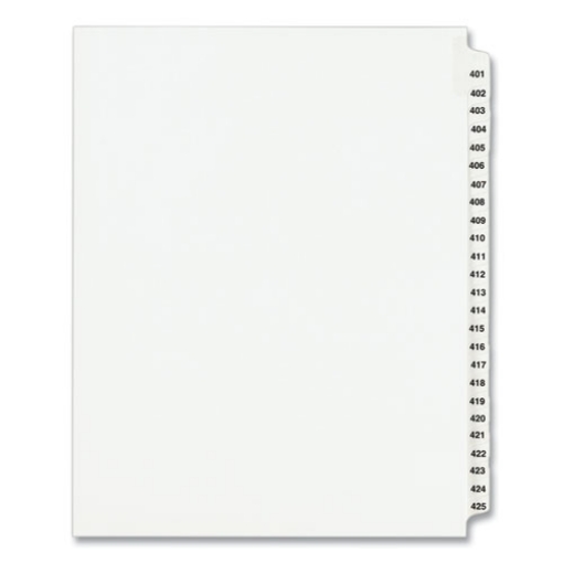 Picture of Preprinted Legal Exhibit Side Tab Index Dividers, Avery Style, 25-Tab, 401 To 425, 11 X 8.5, White, 1 Set, (1346)