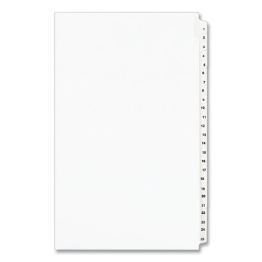 Picture of Preprinted Legal Exhibit Side Tab Index Dividers, Avery Style, 25-Tab, 1 To 25, 14 X 8.5, White, 1 Set, (1430)