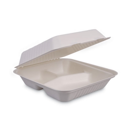 Picture of Bagasse Food Containers, Hinged-Lid, 3-Compartment 9 x 9 x 3.19, White, Sugarcane, 100/Sleeve, 2 Sleeves/Carton