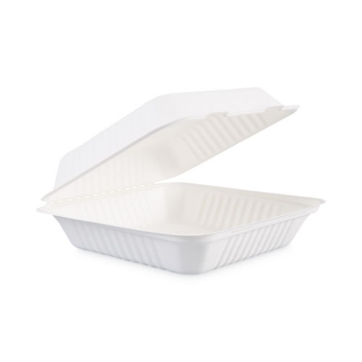 Picture of Bagasse Food Containers, Hinged-Lid, 1-Compartment 9 x 9 x 3.19, White,  Sugarcane, 100/Sleeve, 2 Sleeves/Carton