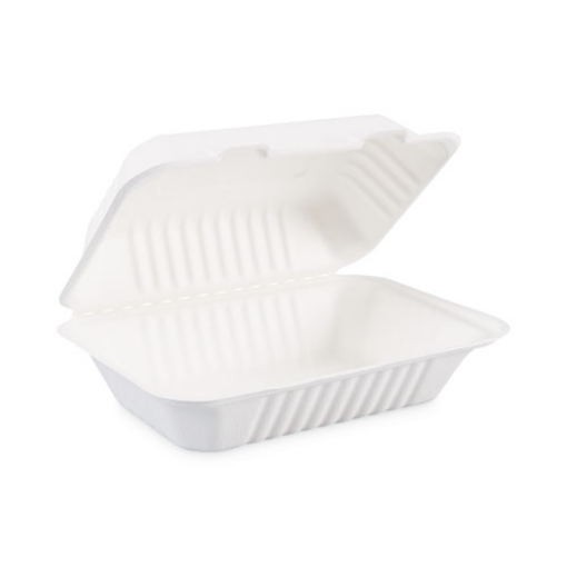 Picture of Bagasse Food Containers, Hinged-Lid, 1-Compartment 9 x 6 x 3.19, White, Sugarcane, 125/Sleeve, 2 Sleeves/Carton