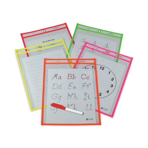 Picture of Reusable Dry Erase Pockets, 9 X 12, Assorted Neon Colors, 25/box