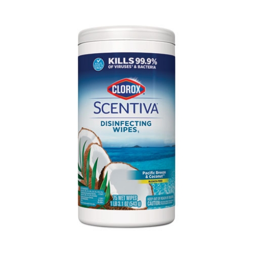 Picture of Scentiva Disinfecting Wipes, 1-Ply, 7.75 x 7, Pacific Breeze/Coconut, White, 75/Canister, 6 Canisters/Carton