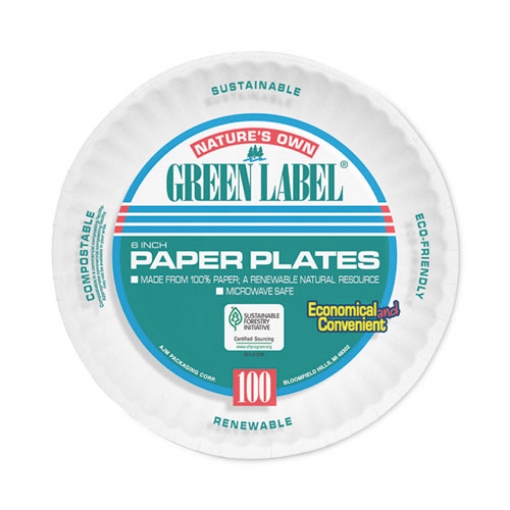 Picture of Green Label Coated Paper Plates, 6" dia, White, 100/Pack, 12 Packs/Carton