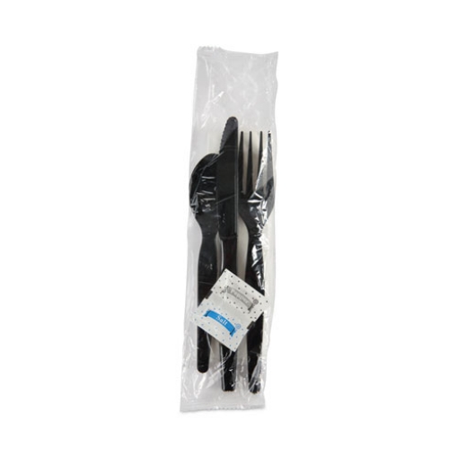 Picture of Six-Piece Cutlery Kit, Condiment/fork/knife/napkin/spoon, Heavyweight, Black, 250/carton