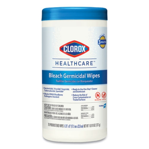 Picture of Bleach Germicidal Wipes, 1-Ply, 6.75 x 9, Unscented, White, 70/Canister