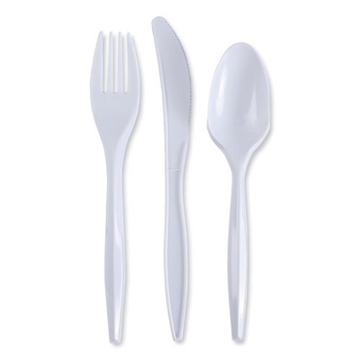 Picture of Three-Piece Cutlery Kit, Fork/knife/teaspoon, Polypropylene, White, 250/carton