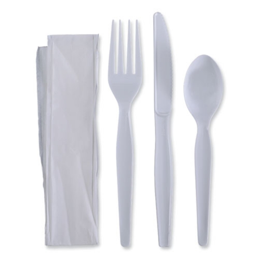 Picture of Four-Piece Cutlery Kit, Fork/knife/napkin/teaspoon, Heavyweight, White, 250/carton