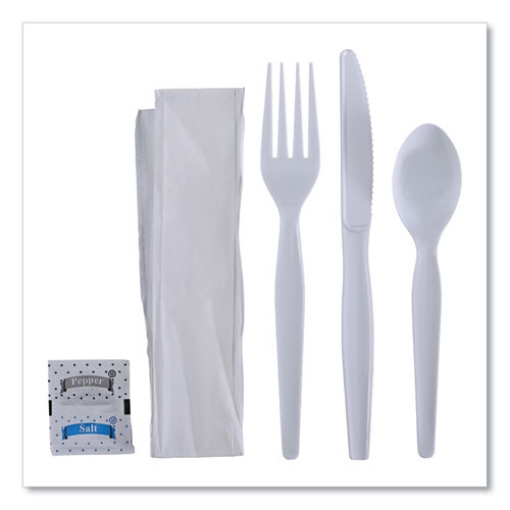 Picture of Six-Piece Cutlery Kit, Condiment/fork/knife/napkin/spoon, Heavyweight, White, 250/carton