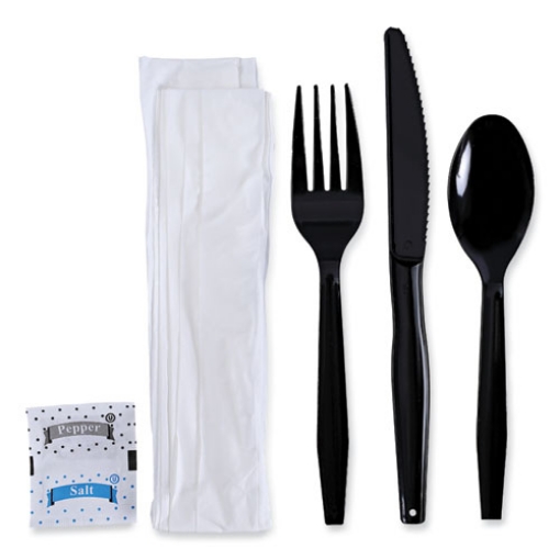 Picture of Six-Piece Cutlery Kit, Condiment/fork/knife/napkin/teaspoon, Black, 250/carton