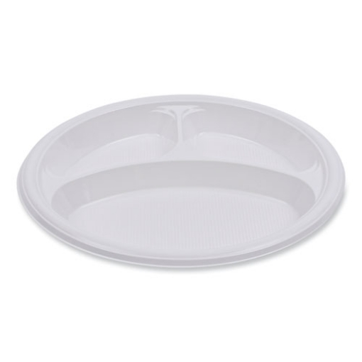 Picture of Hi-Impact Plastic Dinnerware, Plate, 3-Compartment, 10" Dia, White, 500/carton