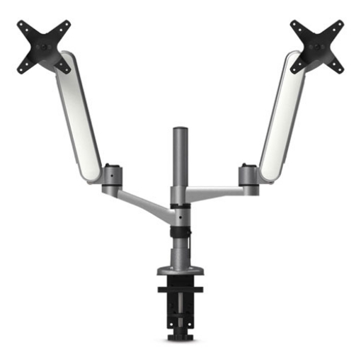 Picture of multi-directional dual monitor arm, for 30" monitors, 360 deg rotation, 105 deg tilt, 360 deg pan, silver/wh, supports 20 lbs