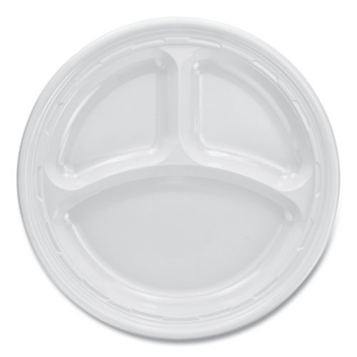 Picture of Plastic Plates, 3-Compartment, 9" Dia, White, 125/pack, 4 Packs/carton