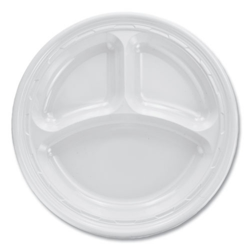 Picture of Famous Service Plastic Dinnerware, Plate, 3-Compartment, 10.25" Dia, White, 125/pack, 4 Packs/carton