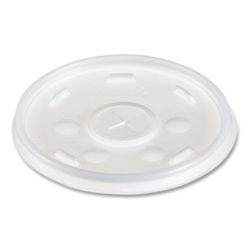 Picture of Plastic Lids for Foam Cups, Bowls and Containers, Flat with Straw Slot, Fits 6-14 oz, Translucent, 100/Pack, 10 Packs/Carton