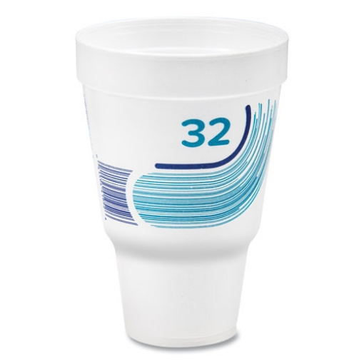 Picture of Breeze Hot/Cold Insulated Foam Drinking Cups, Squat Pedestal Cup, 32 oz, Teal/White/Blue, 500/Carton