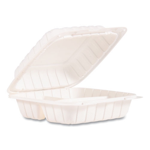 Picture of Hinged Lid Containers, 3-Compartment, 8.25 x 8 x 3, Plastic Mineral Filled Polypropylene, 150/Carton