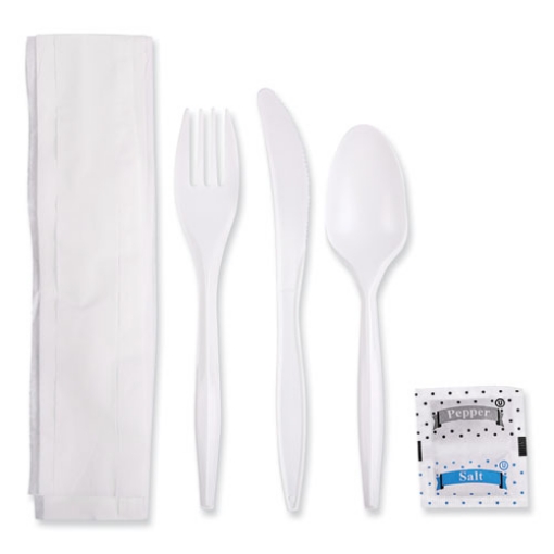 Picture of Cutlery Kit, Plastic Fork/spoon/knife/salt/polypropylene/napkin, White, 250/carton