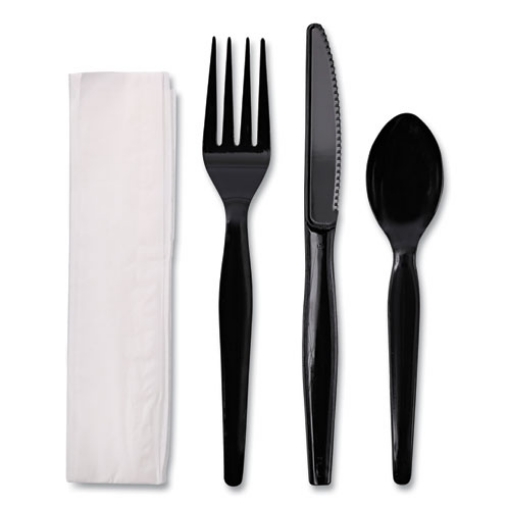 Picture of Four-Piece Cutlery Kit, Fork/knife/napkin/teaspoon, Heavyweight, Black, 250/carton