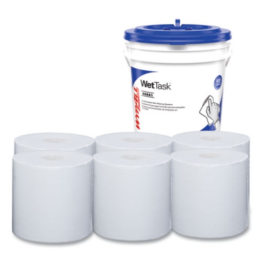 Picture of Critical Clean Wipers for Bleach, Disinfectants, Sanitizers WetTask Customizable Wet Wiping System, w/Bucket,140/Roll, 6/CT