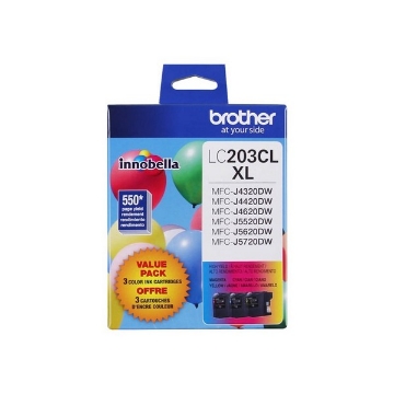 Picture of Brother LC2033PKS (LC203C, LC203M, LC203Y) High Yield Cyan, Magenta, Yellow Ink Cartridges (3 pack) (3 x 550)