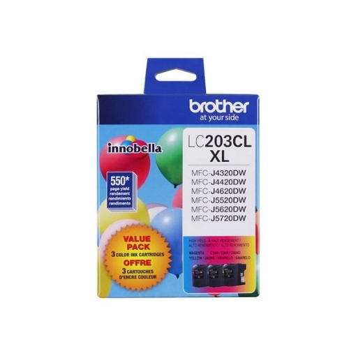 Picture of Brother LC2033PKS (LC203C, LC203M, LC203Y) High Yield Cyan, Magenta, Yellow Ink Cartridges (3 pack) (3 x 550)