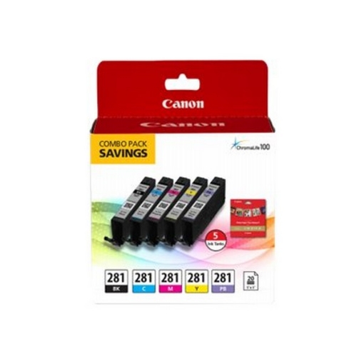 Picture of Canon 2091C006 (CLI-281) Black, Cyan, Magenta, Yellow, Photo Black Glossy Sheets and Ink Set (Square Combo Pack)