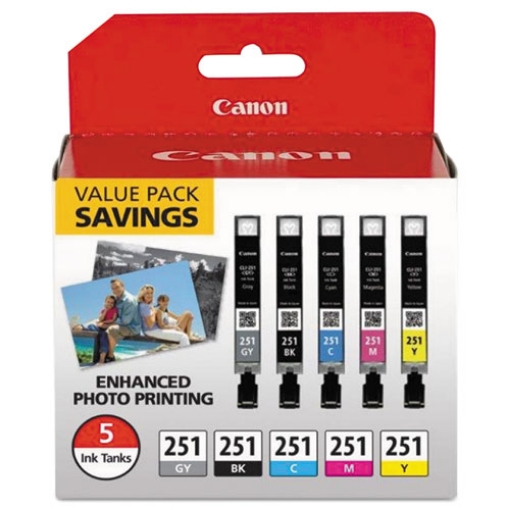 Picture of Canon 6513B011 (CLI-251) High Yield Black, Cyan, Gray, Magenta, Yellow Ink Cartridges (5 pack)