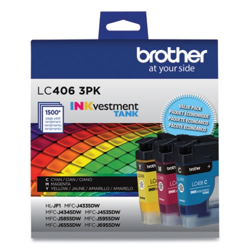 Picture of Brother LC4063PKS (LC406M, LC406C, LC406Y) Cyan, Magenta, Yellow Inkvestment Ink Cartridges (3 pack) (1,500 x 3 Yield)