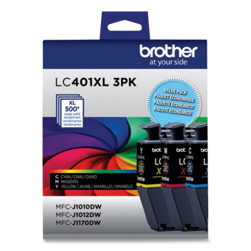 Picture of Brother LC401XL3PK (LC401XLBK) High Yield Cyan, Magenta, Yellow Ink Cartridges (3 pack) (500 x 3 Yield)