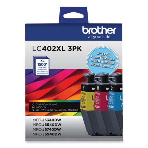 Picture of Brother LC402XL3PK (LC402XLBK) High Yield Cyan, Magenta, Yellow Ink Cartridges (3 pack) (1,500 x 3 Yield)