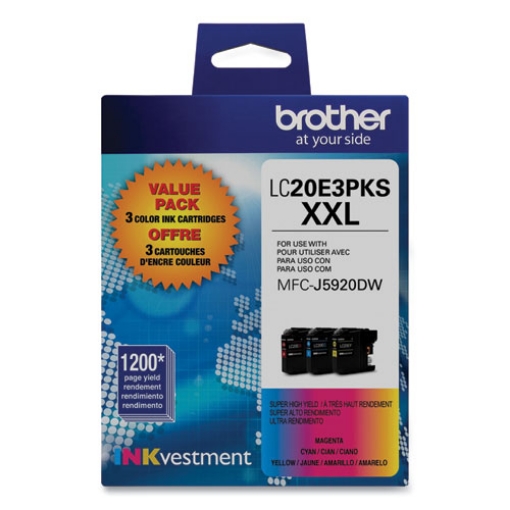 Picture of Brother LC20E3PKS (LC20EXXLM, LC20EXXLC, LC20EXXLM) Super High Yield Cyan, Magenta, Yellow Ink Cartridges (3 pack) (1,200 x 3 Yield)