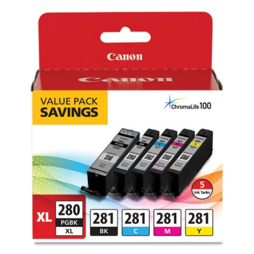 Picture of Canon 2021C007 (CLI-281, CLI-281, PGI-280XL) Black, Cyan, Magenta, Yellow Ink Cartridges (5 pack)